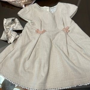 Tahari baby girl beige dress with blush pink bows